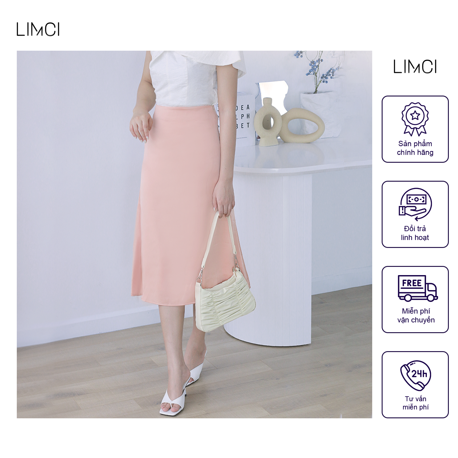 Chân váy lụa cao cấp dài qua gối phong cách vintage LIMCI LCV2