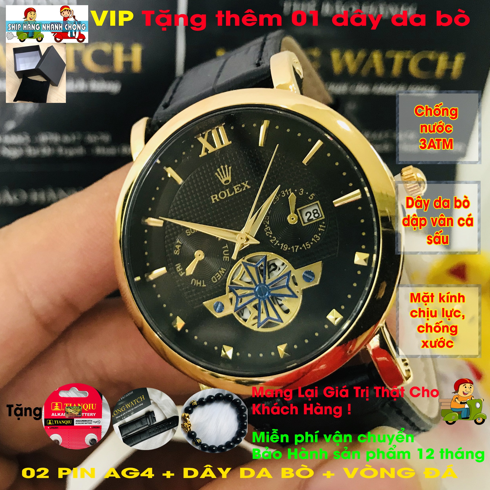 ĐỒNG HỒ NAM, DÂY DA BÒ MÀU ĐEN, MÃ 06, VIỀN MẶT MẠ PVD BỀN MÀU, LỊCH NGÀY, KÍNH MINERAL CRYSTAL CHỐNG XƯỚC, CHỐNG NƯỚC, TẶNG 01 PIN AG4, TẶNG DÂY DA, VÒNG ĐÁ TỲ HƯU PHONG THỦY