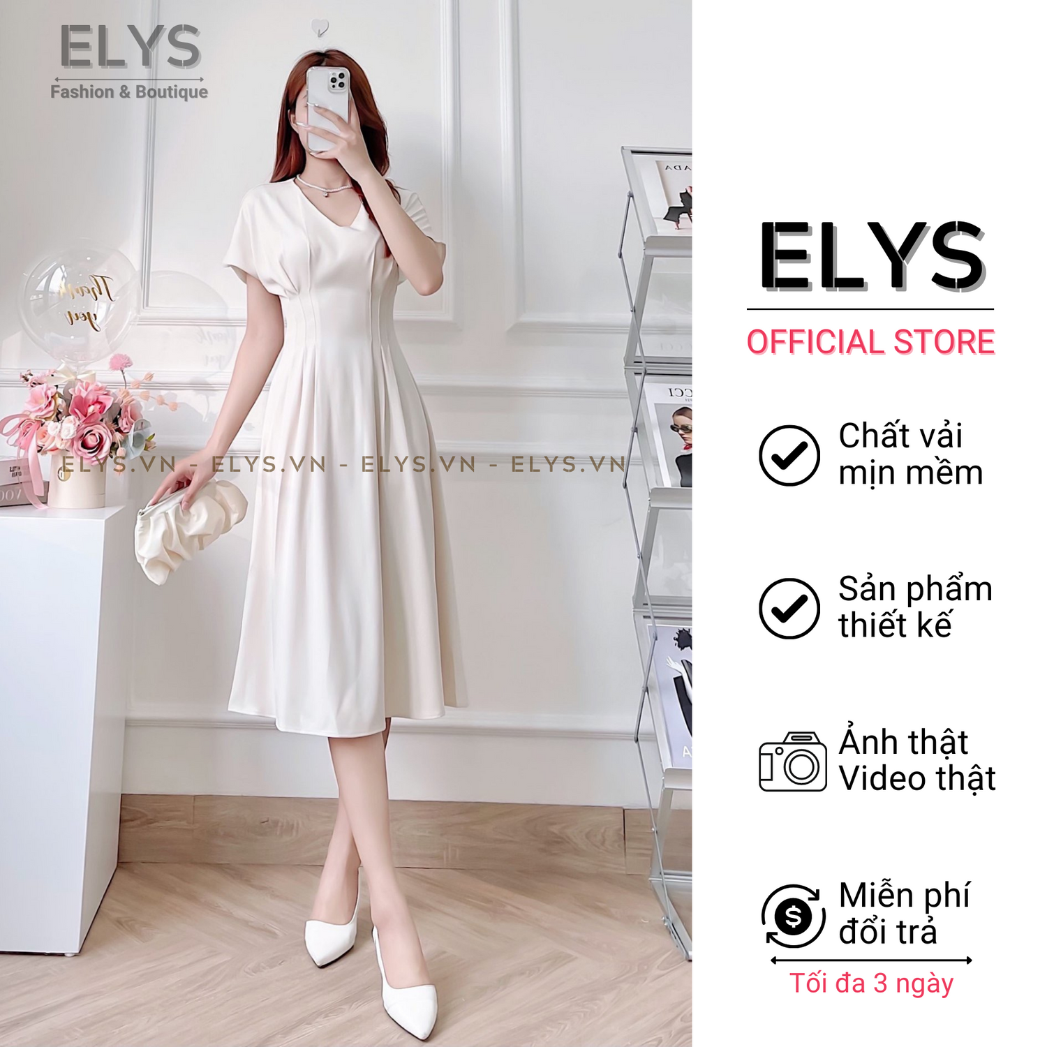 Váy tiểu thư công sở elys chất trượt cao cấp thiết kế tay hến xếp ly eo dáng xóc nhẹ ly020
