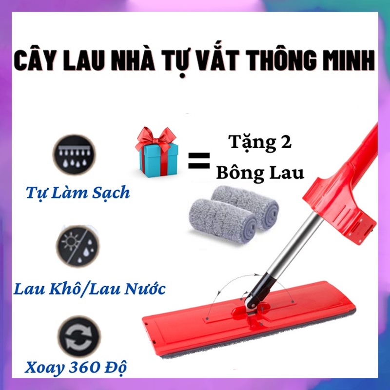 Cây lau nhà tự vắt cán inox dài 125cm, bàn lau 38x12cm, miếng lau Microfiber - Tặng kèm bông lau - Cây lau nhà tự vắt, chổi lau nhà xoay 360, cây cho nhà đa năng, chổi lau nhà tự vắt siêu sạch, tặng 2 miếng lau