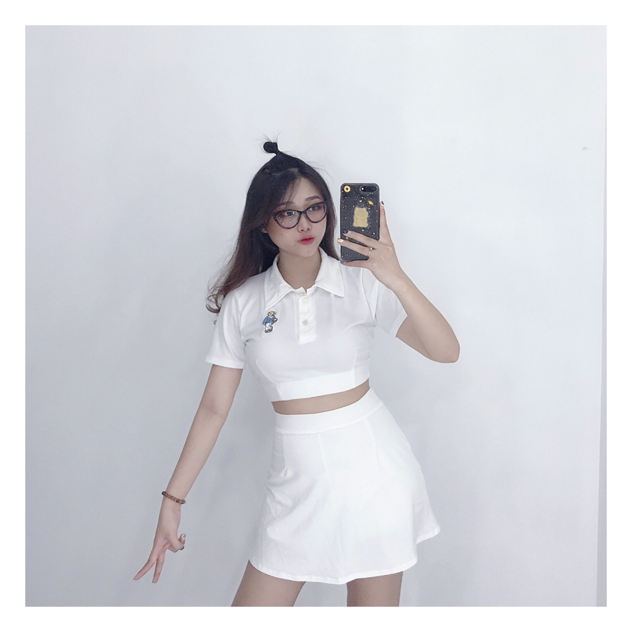 Set bộ nữ tính áo thun cổ bẻ phối chân váy chữ A kèm quần lót trong PC