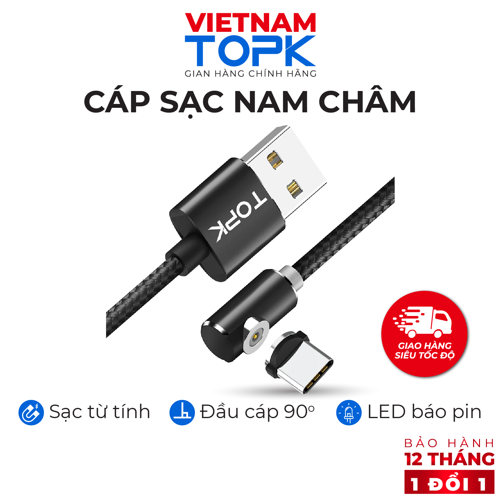 Dây sạc nam châm iPhone Type-C Micro USB TOPK AM51 - Đầu vuông góc có đèn LED - Hàng phân phối chính hãng - Bảo hành 12 tháng