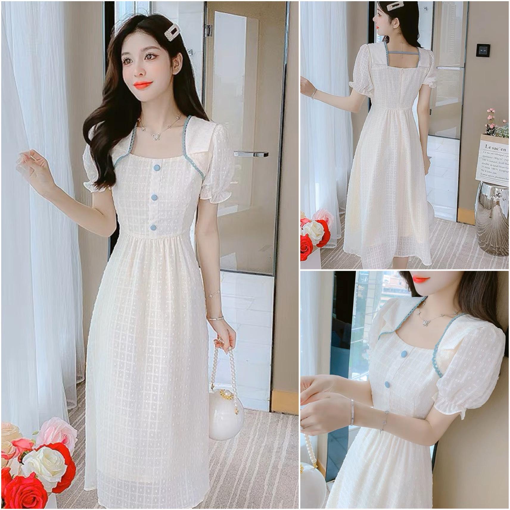 Đầm thiết kế dáng xòe cổ vuông phối ren đính nút B56
