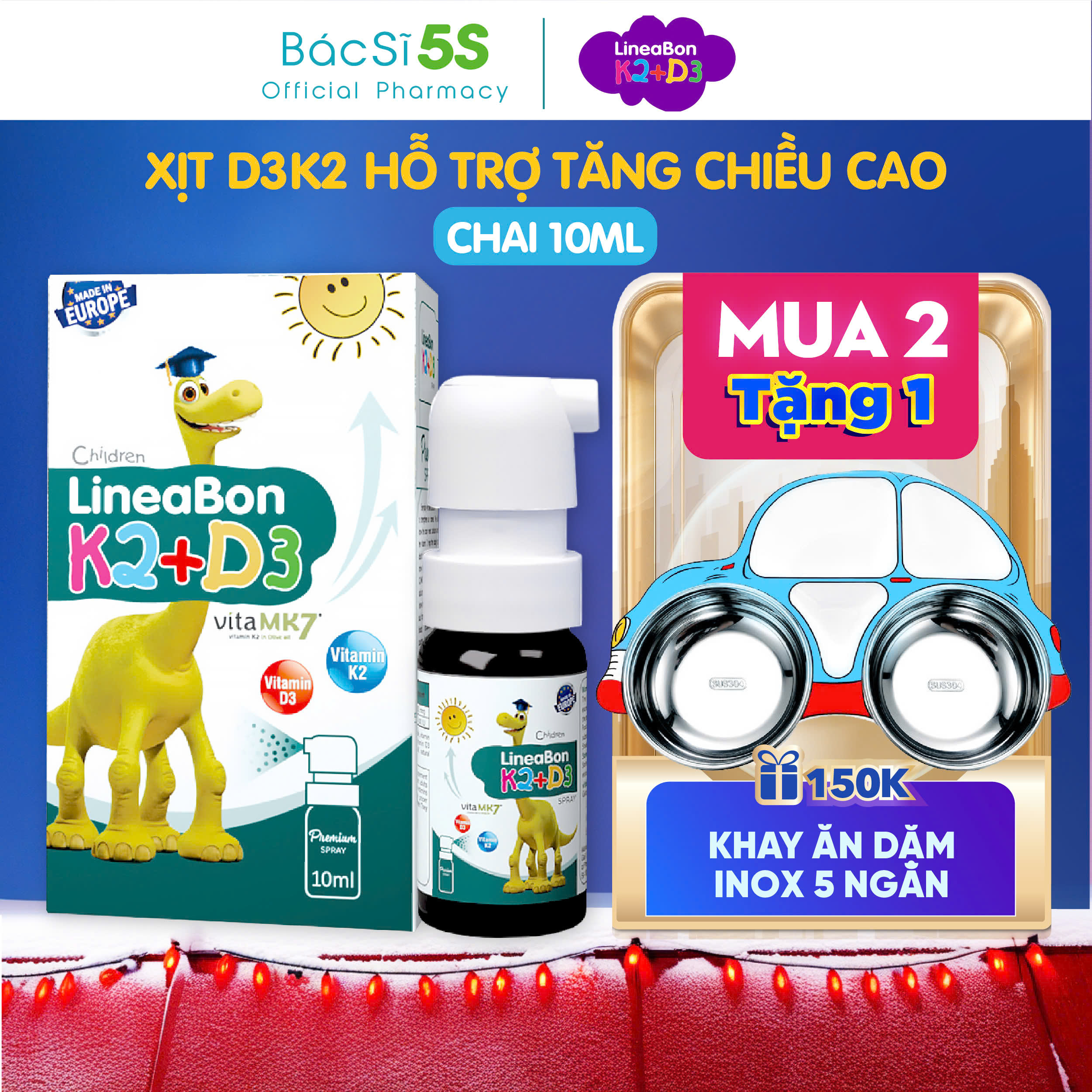 Xịt Lineabon D3K2 - giúp tăng chiều cao, chống còi xương cho bé (Chai 10ml)