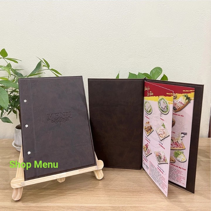 Sổ bìa da gáy đinh, menu da cao cấp gáy đinh, quyển menu loại 1 khổ A4 nẹp cạnh