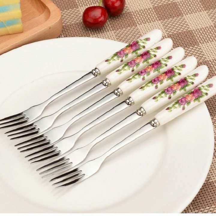 Thìa cà phê dĩa ăn hoa quả nĩa ăn trái cây bánh kem inox cán sứ hoa hồng