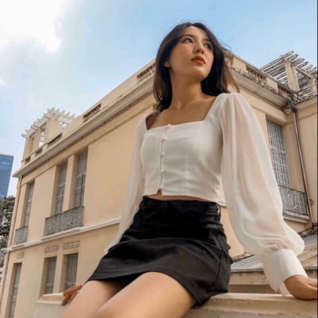 [HCM]Áo croptop tay phồng nút bọc siêu xinh