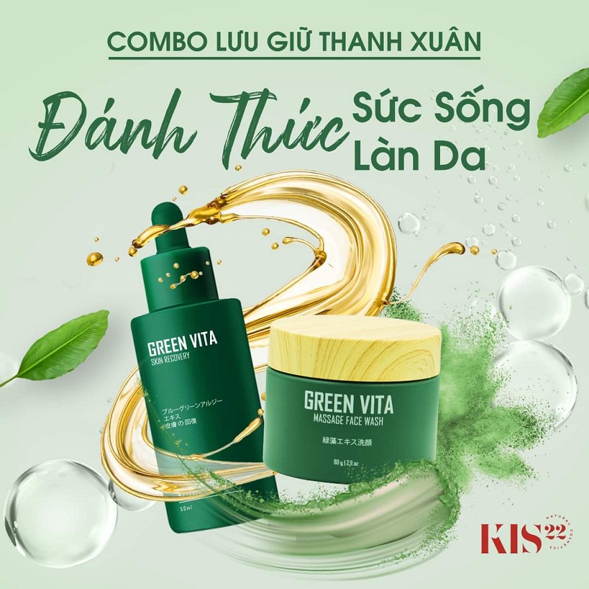 Combo 1 serum siêu vi tảo Kis22 và 1 bột rửa mặt massage tẩy tế bào chết Green Vita Kis22 giúp da sáng, hết mụn, nám, tàn nhang, thu nhỏ lỗ chân lông, da sáng đẹp mịn màng.