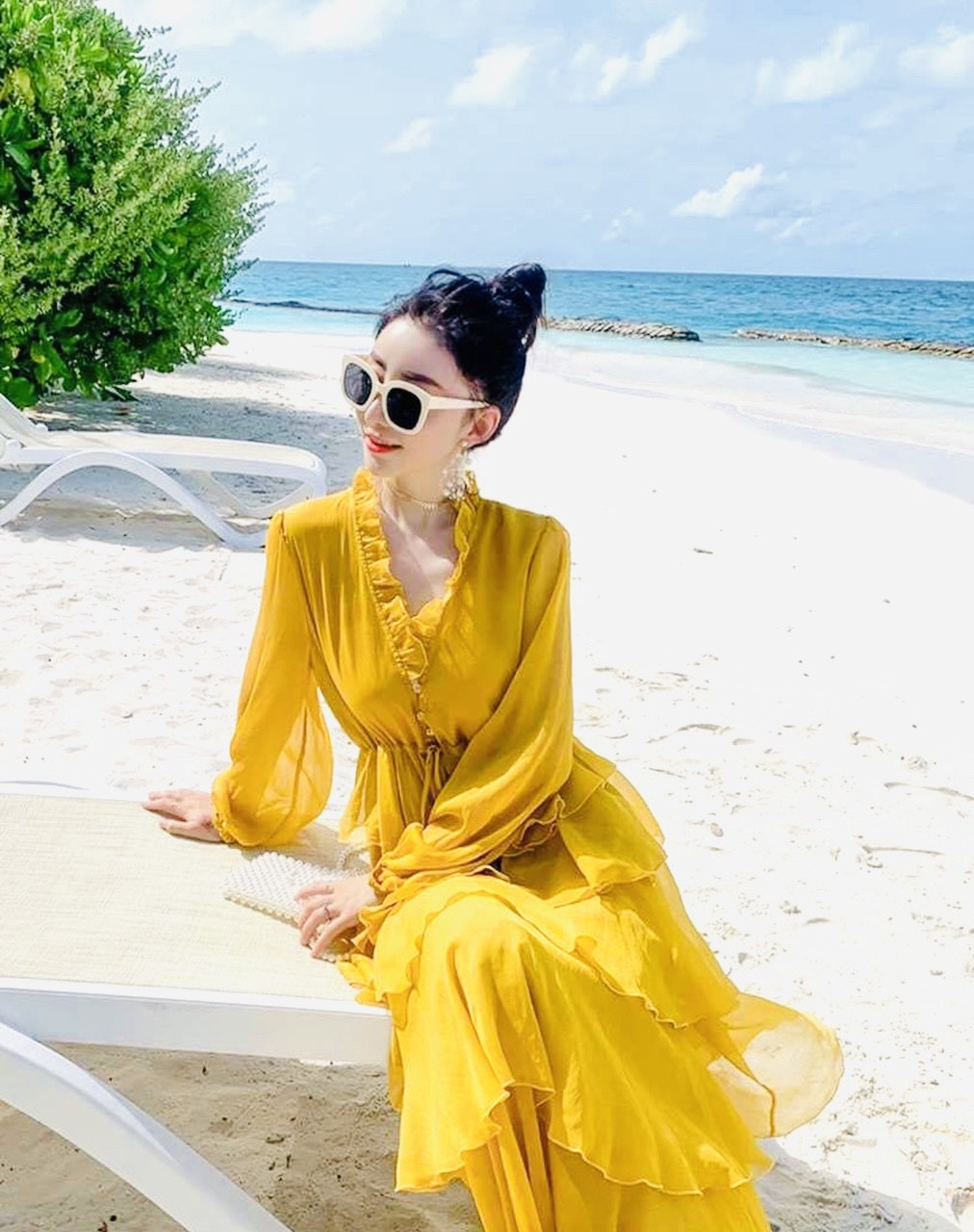 Đầm Bèo Tầng, Váy Maxi Đi Biển V64, Chất Voan Mềm Mát, Mầu Vàng, Tuyệt Phẩm Cho Tín Đồ Sống Ảo, Mẫu Siêu Hot Hè 2021