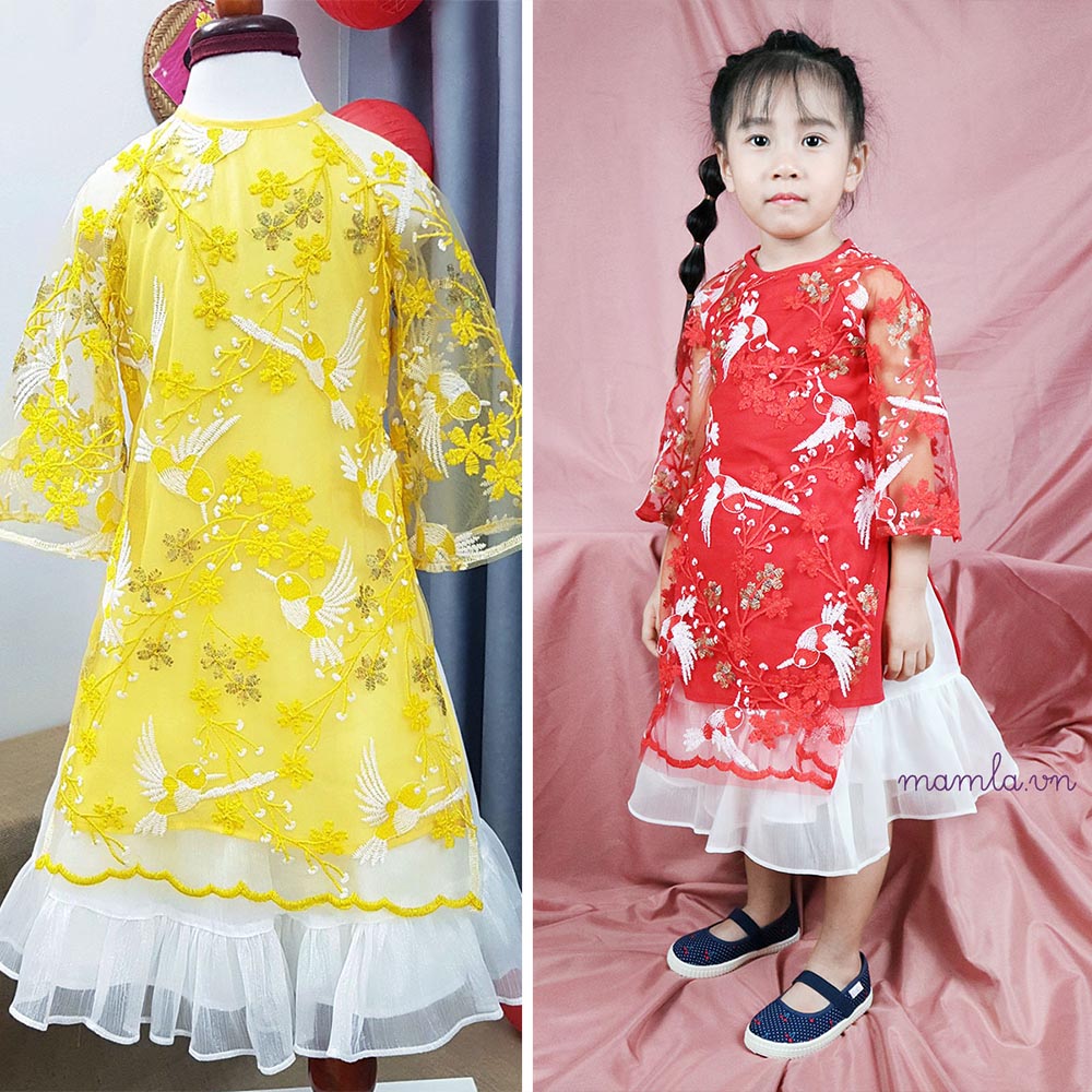 Áo dài bé gái thêu ren chim én cách tân set áo kèm chân váy voan 2 lớp