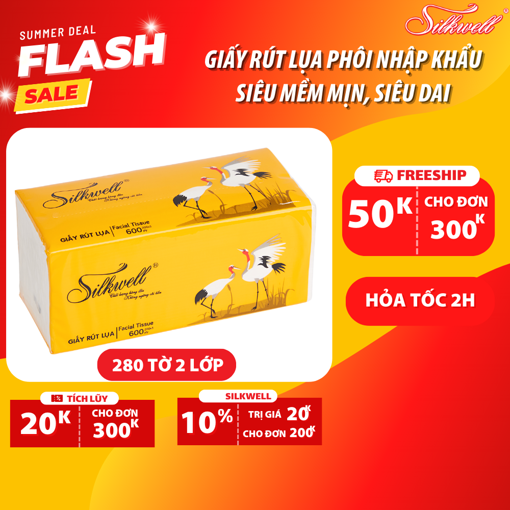 Giấy ăn giấy rút lụa khổ Lớn cao cấp Silkwell Sếu Vàng 200 tờ 3 lớp siêu dai ,mềm mại không chất tẩy trắng