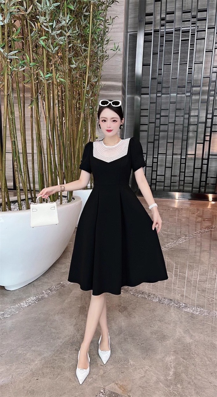 Đầm xoè phối cổ hạt châu cao cấp - glady g317 - đầm xoè dự tiệc cách điệu sang trọng, phong cách quý phái thời thượng
