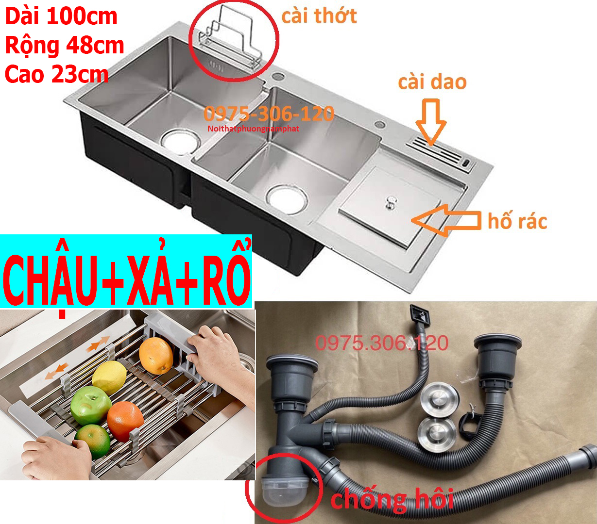 [HCM][CHẬU ĐÚC DÀY] Combo Chậu Rửa Chén Bát INOX 304 N3 10048 NA.GRAND và Xả Chậu Thoát Nước và Rổ Rút Đa Năng