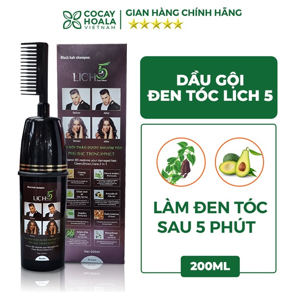 Dầu gội thảo dược cocayhoala lich5 nhuộm đen tóc trong 5 phút dạng lược 200ml