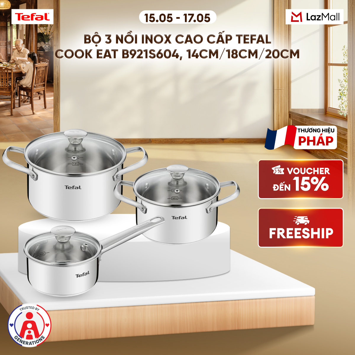 Bộ 3 nồi Inox cao cấp Tefal Cook Eat B921S604, 14cm/18cm/20cm