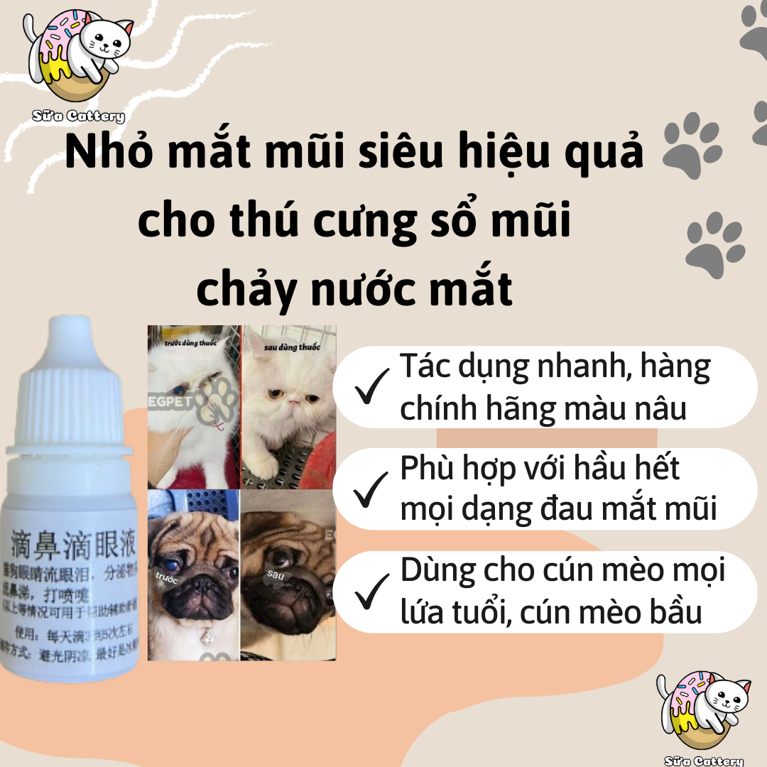Nhỏ mắt, nhỏ mũi thần thánh cho chó mèo viêm mí, chảy nước mắt, hắt hơi, sổ mũi, ho có đờm