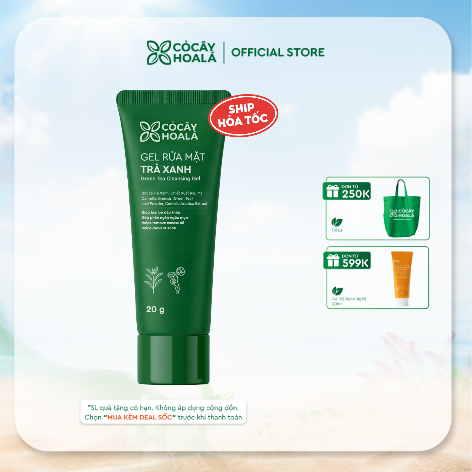 Gel Rửa Mặt Trà Xanh Cỏ Cây Hoa Lá Giúp Sạch Sâu, Kiềm Dầu, Ngừa Mụn Cho Da Dầu Mụn, Nhạy Cảm 20g