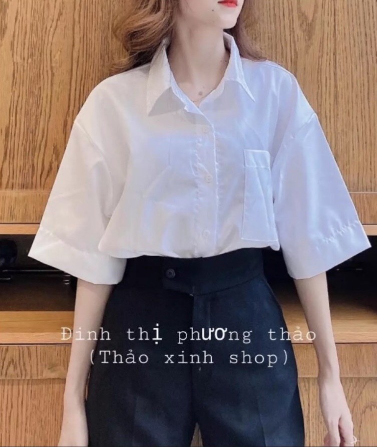 Áo sơ mi nữ đi học phối túi cá tính