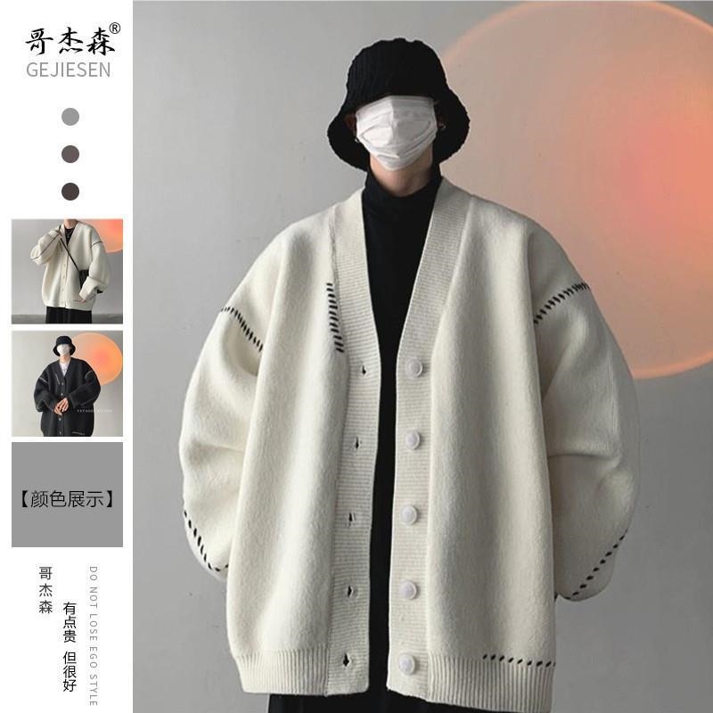 ◇▫┅ áo khoác len nam l ỏng lẻo retro nhật bản l ười áo len l ười nhật bản thu đông dày tide in vài cardigan dệt kim cổ chữ v