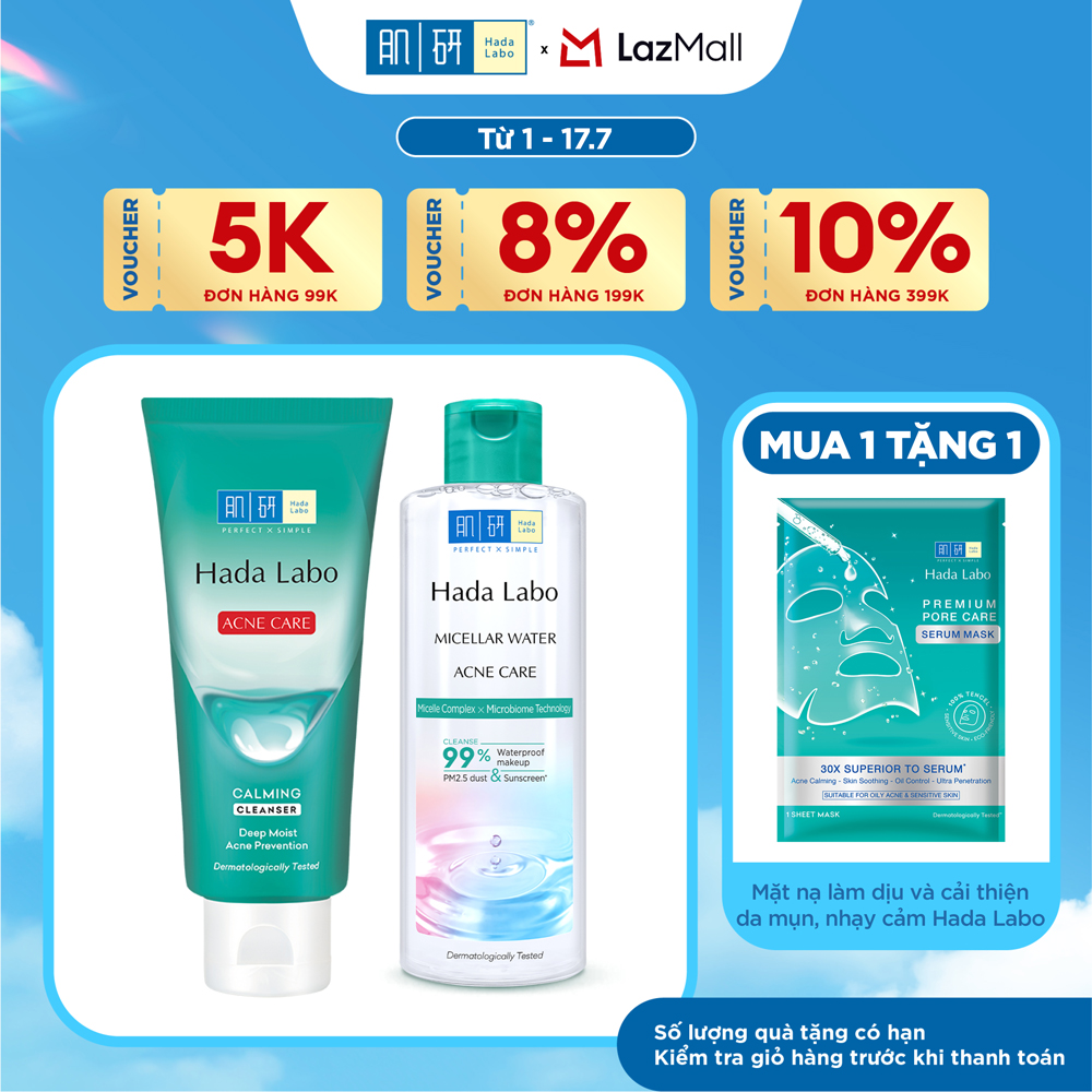 [VB] Bộ đôi sạch sâu cho da mụn, nhạy cảm Hada Labo (Nước tẩy trang Hada Labo Micellar Water Acne Care 240mL + Sữa rửa mặt ngừa mụn Hada Labo Acne Care Calming 80g)