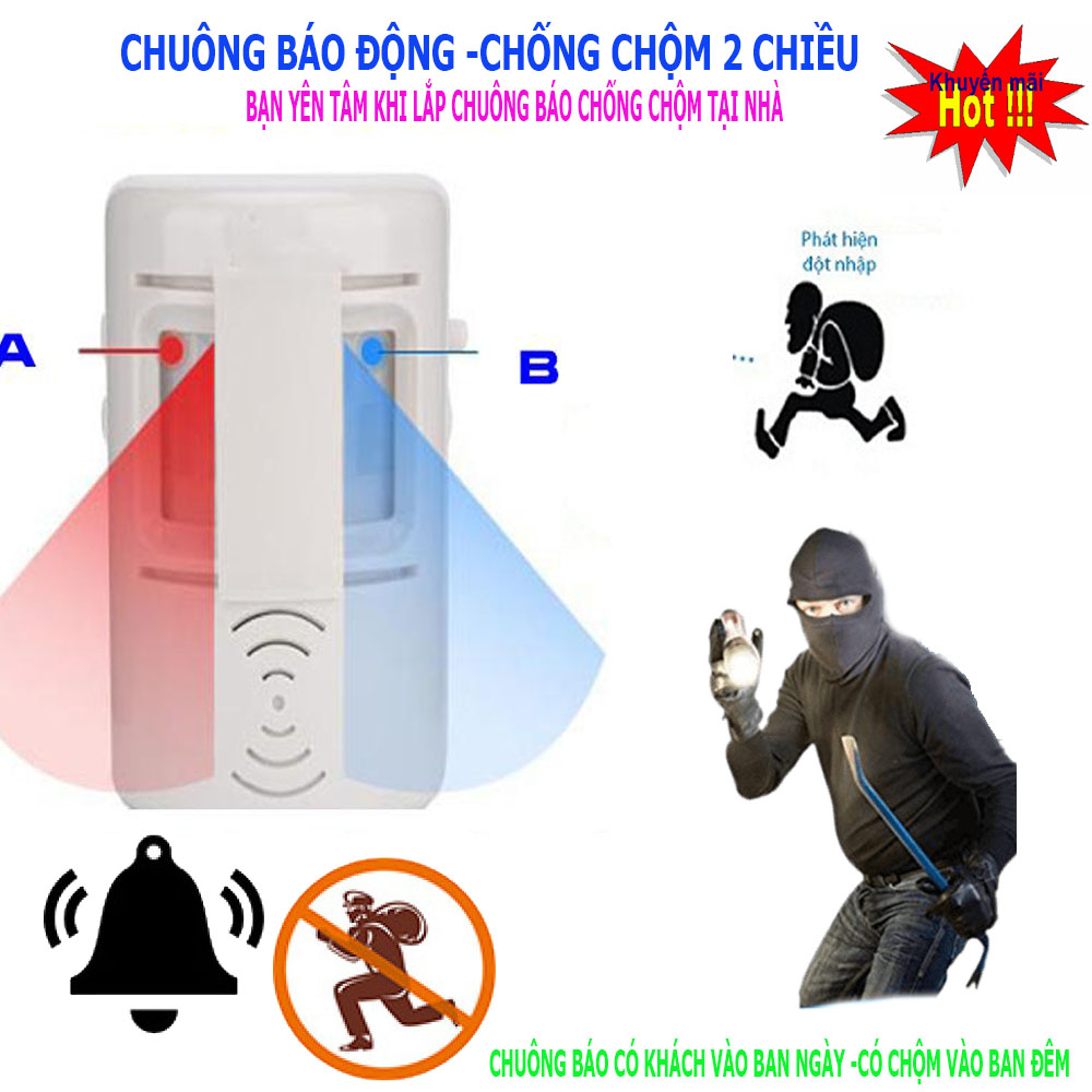 Chuông Báo Trộm,Chuông Báo Động, Chuông Chống Trộm Cảm Ứng. Công nghệ cảm biến chuyển động 2 chiều . Đế xoay 360 độ điều chỉnh hướng góc quét; hoạt động chính xác, đa dạng chức năng. bảo hành 1 đổi 1