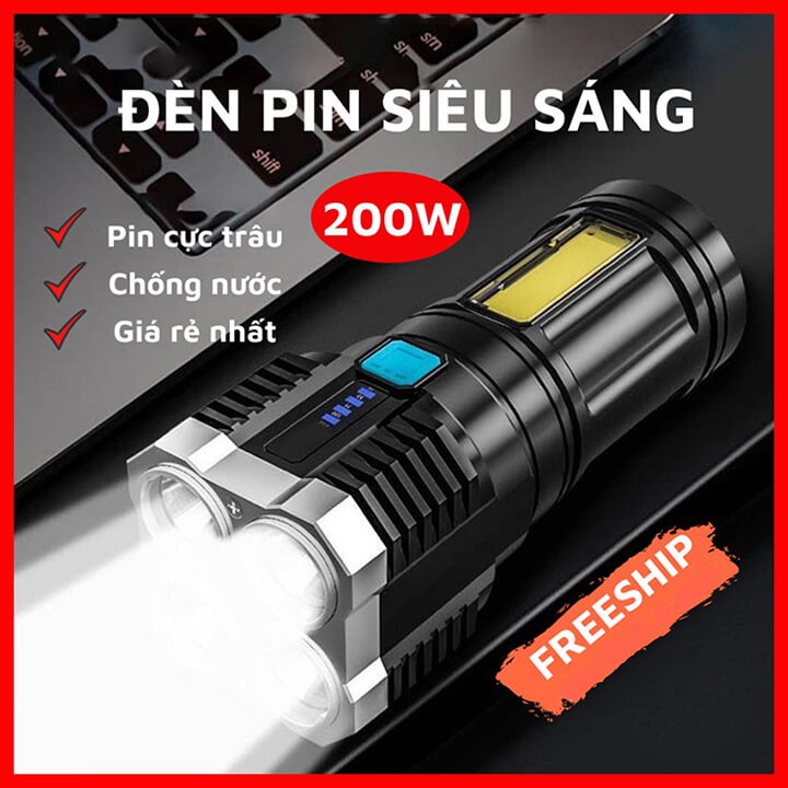 Đèn Pin, Đèn Pin Led Cod Mini 4 Bóng Sạc USB Tiện Dụng Mang Theo Du Lịch
