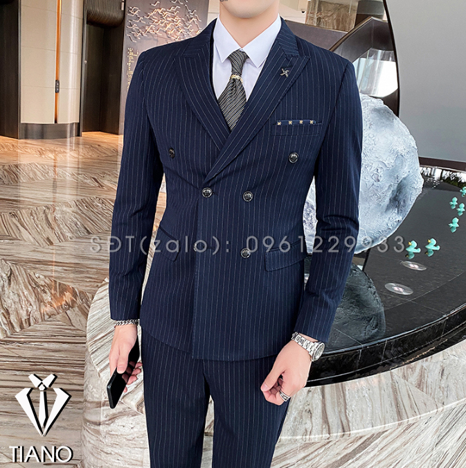 Bộ Vest nam cao cấp 6 cúc Hàn Quốc Xanh Than Kẻ cực sang trọng, Suit Nam Cao Cấp - TIANO STORE