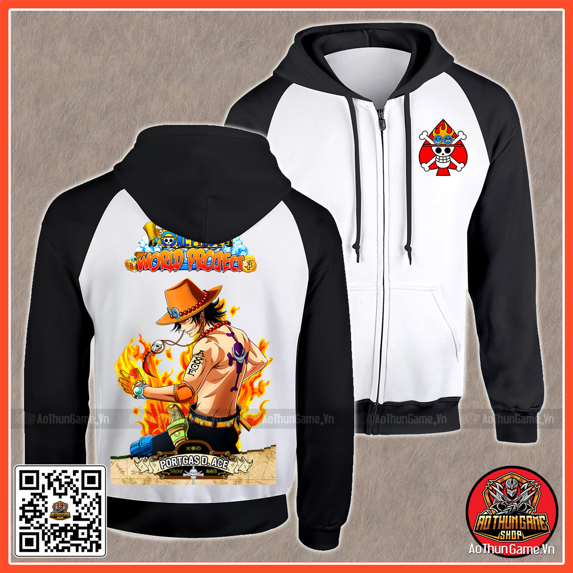 Áo khoác One Piece Ace K12, Áo khoác hoodie Portgas D. Ace có size bé cho trẻ em Anime Manga Unisex Nam Nữ Shop AoThunGameVn