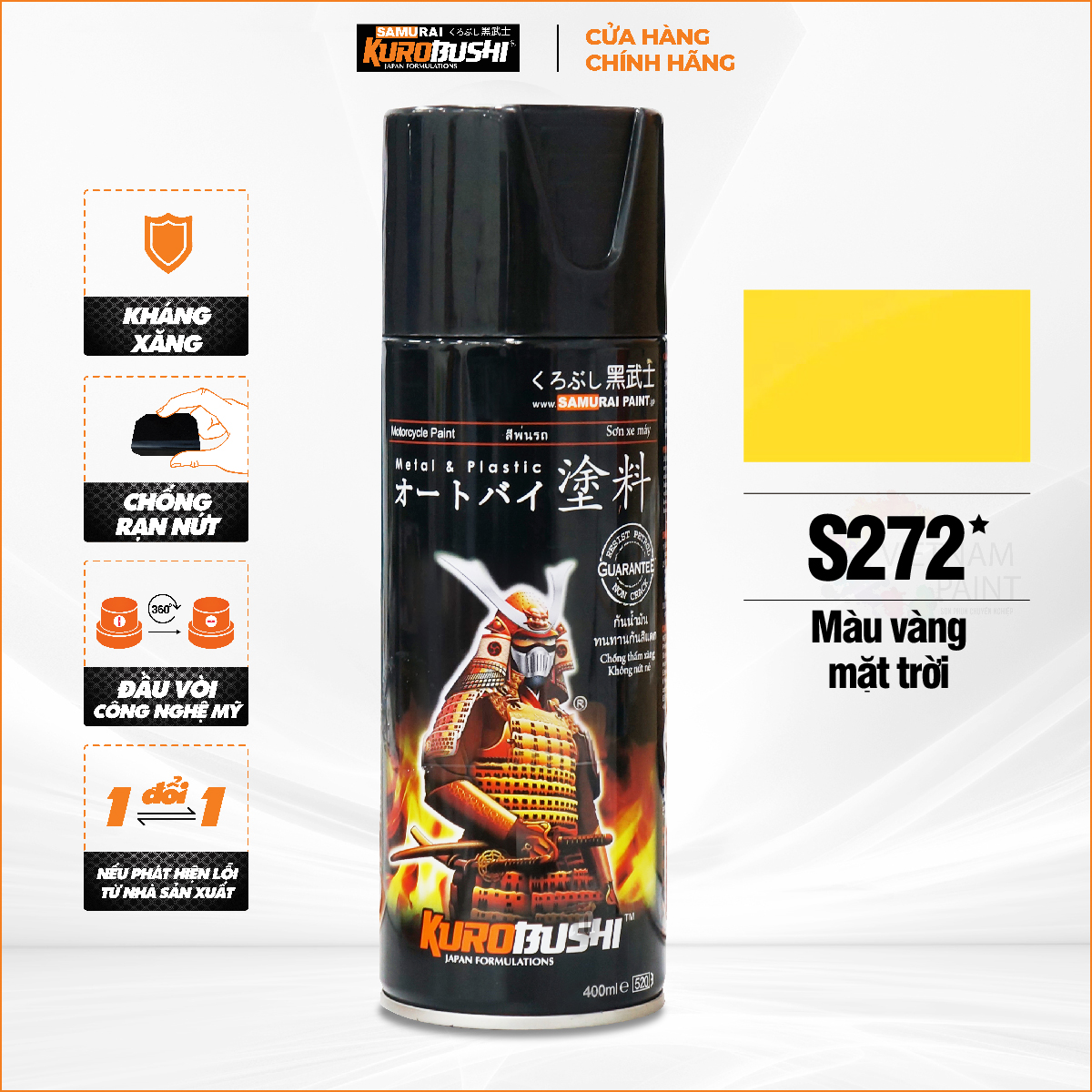 Sơn xịt Samurai Kurobushi - Màu vàng mặt trời S272 chuyên dùng cho xe máy