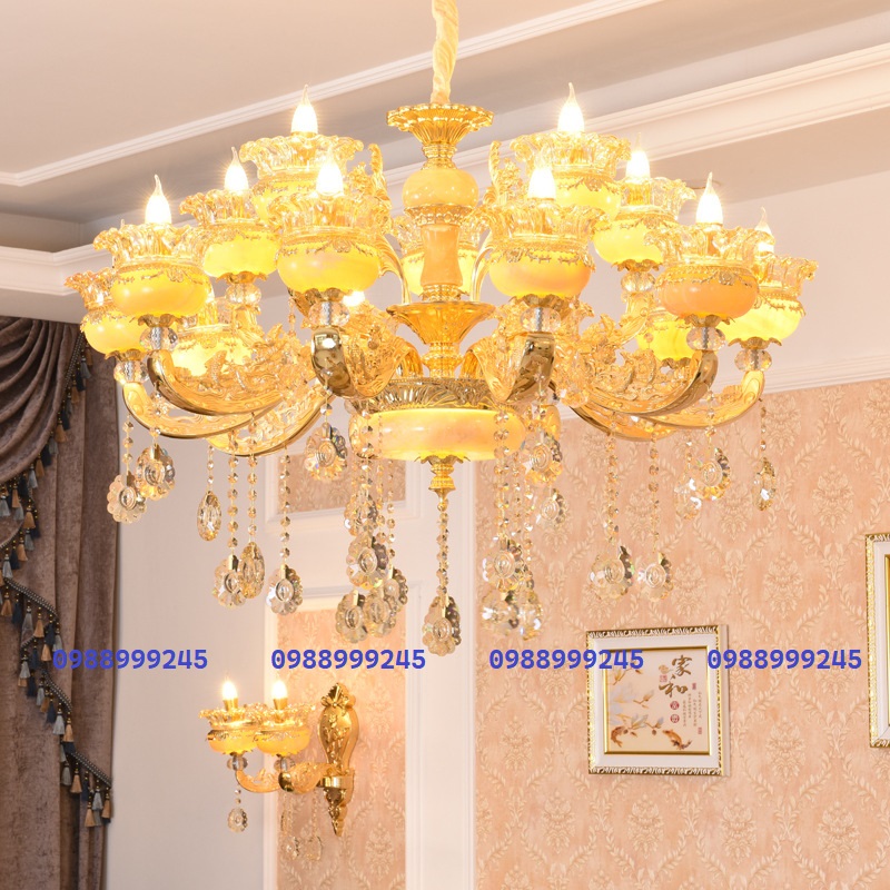 Đèn chùm,đèn thả trần tay cá chép mạ vàng chao bát đá nguyên khối sang trọng trang trí phòng khách,khách sạn,nhà hàng...