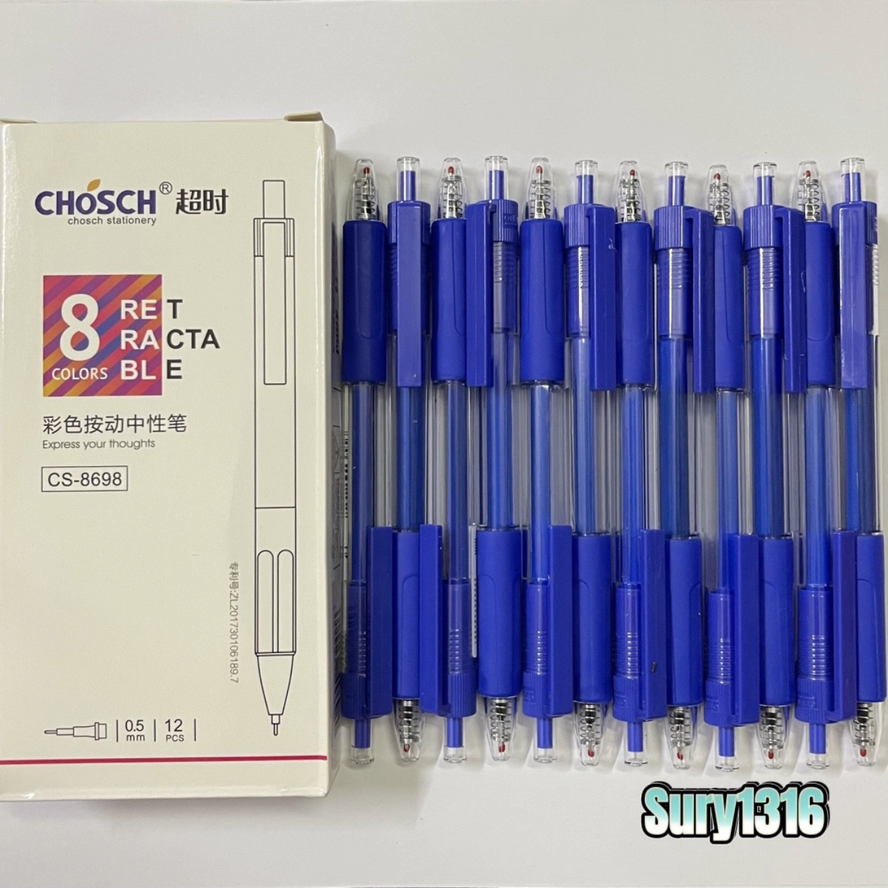 Hộp 12 cây bút bi bấm mực xanh/tím chosch cs-8698