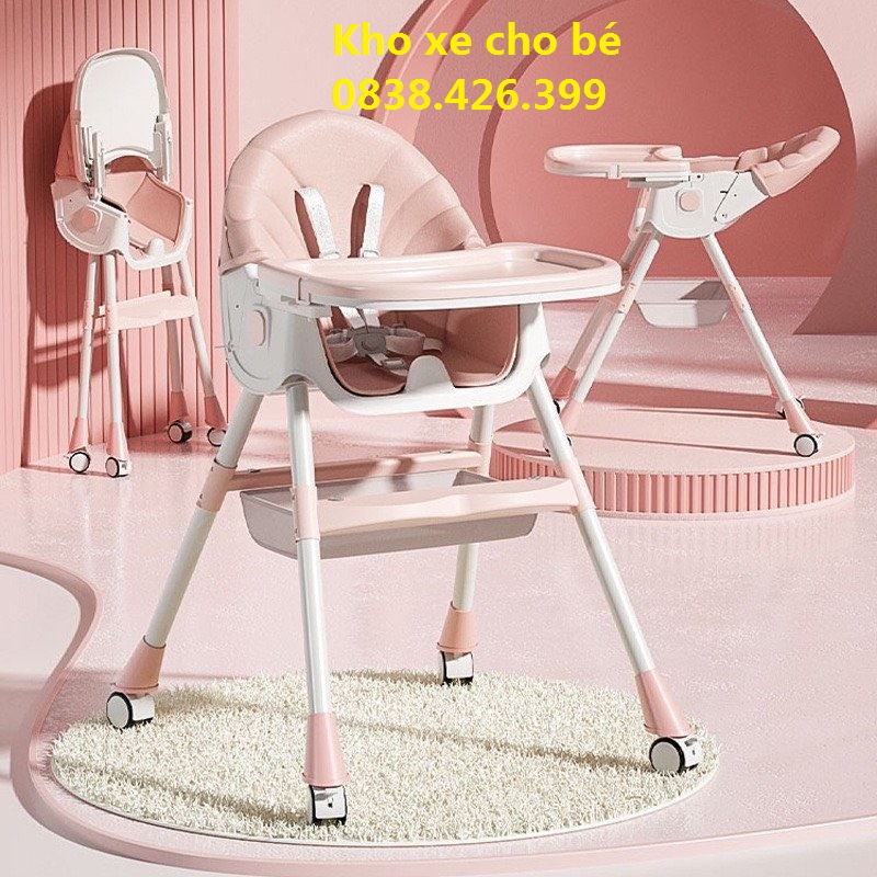 Ghế ăn dặm đa năng ngả nằm Honper điều chỉnh cao thấp bàn ăn dặm 2 lớpnệm da PU bánh xoay 360