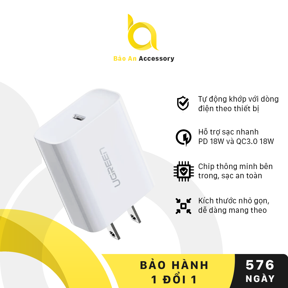 Cốc sạc nhanh ugreen cd137 cổng usb type-c hỗ trợ sạc nhanh chuẩn pd + qc 3.0, công suất 18w - hàng chính hãng