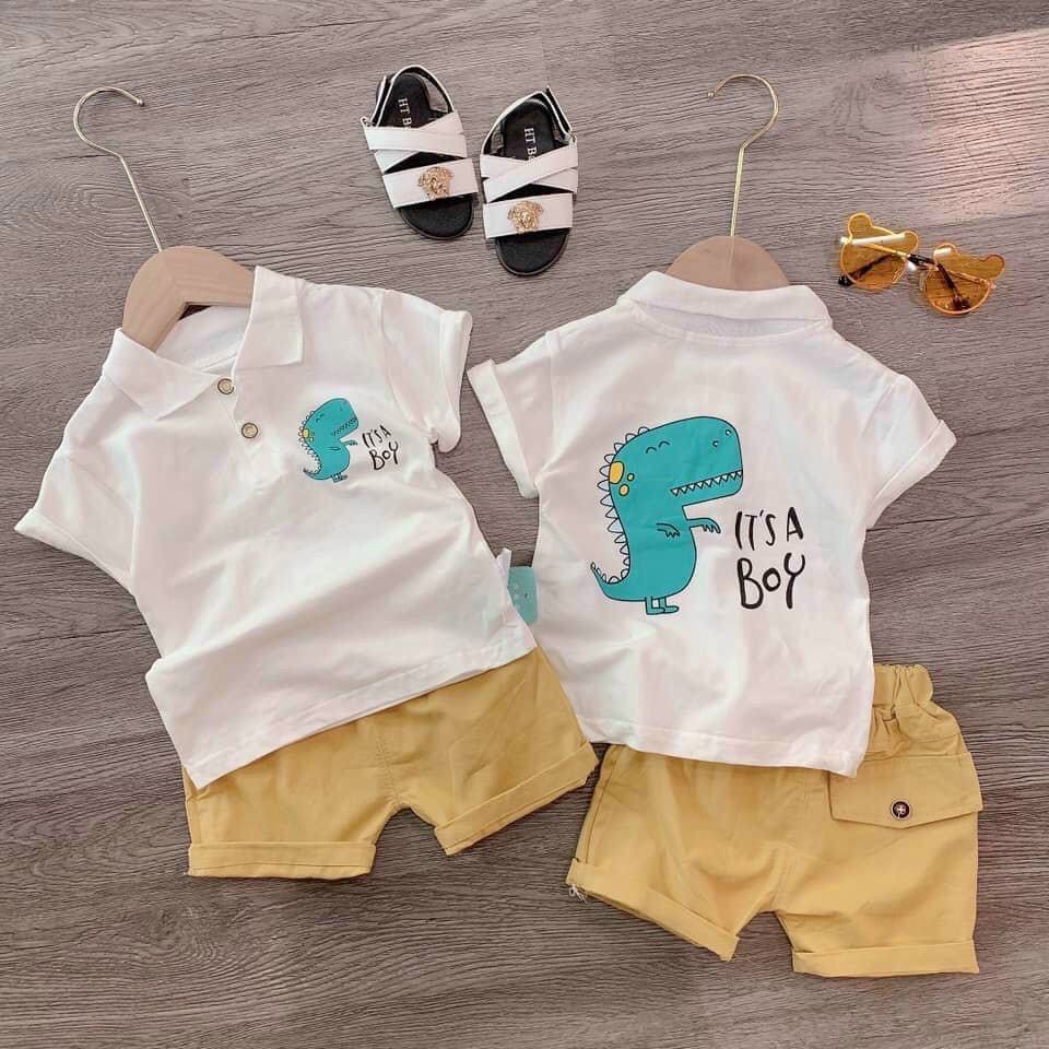 Set áo khủng long quần kaki sành điều cho bé 8-19kg
