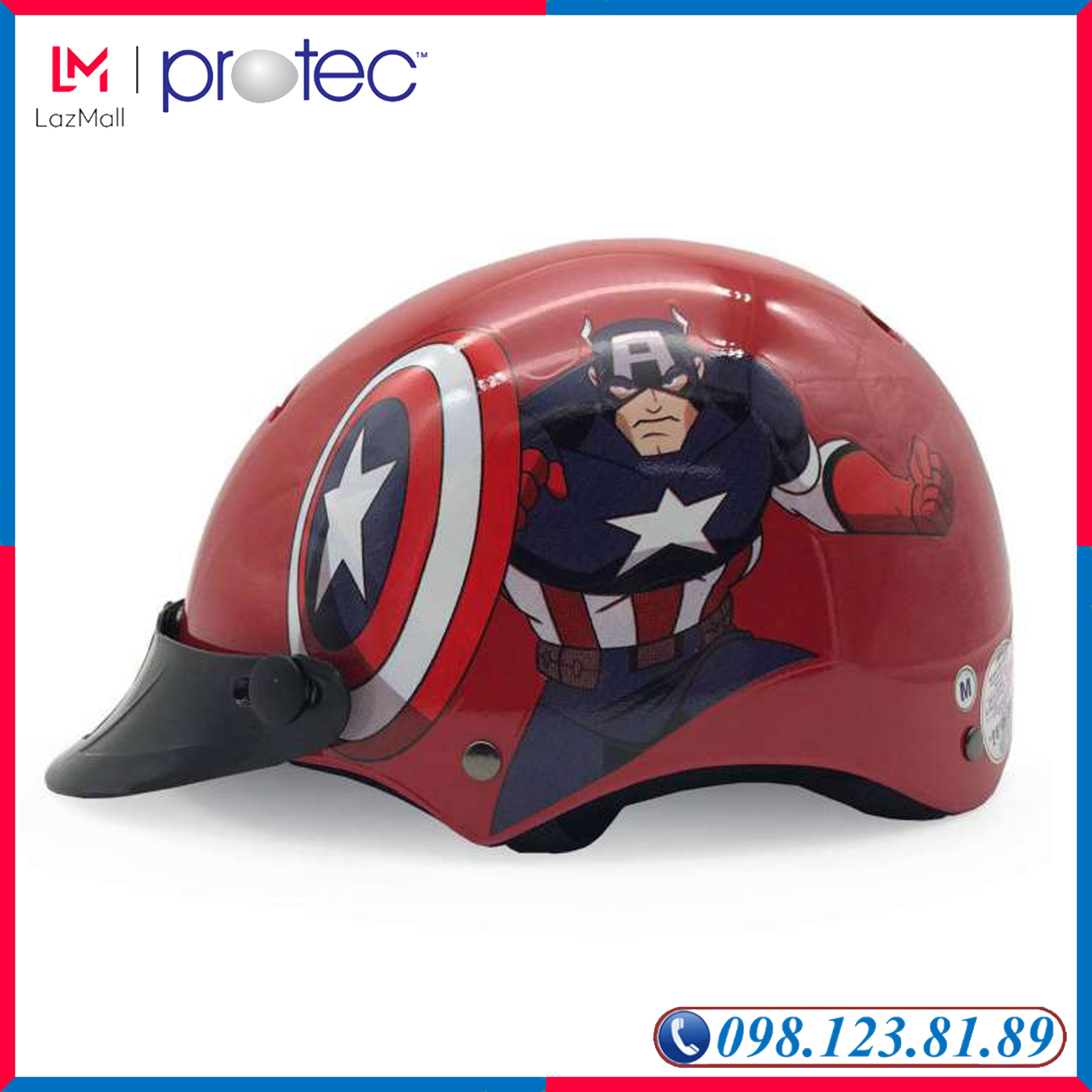Mũ Bảo Hiểm Trẻ Em Nửa Đầu Không Kính Protec Họa Tiết Captain American Màu Đỏ Nổi Bật, Mạnh Mẽ, An Toàn, Thoáng Nhẹ - PROTEC HELMET