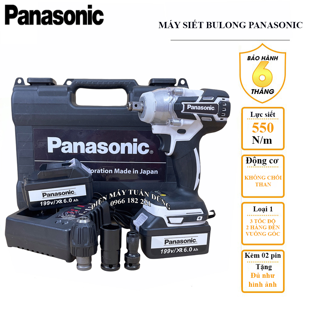 Máy siết bulong dùng pin Thương hiệu Panasonic 199V Không Chổi Than LỰC SIẾT 550Nm Tặng Đầu khoan 10ly + Đầu chuyển vít