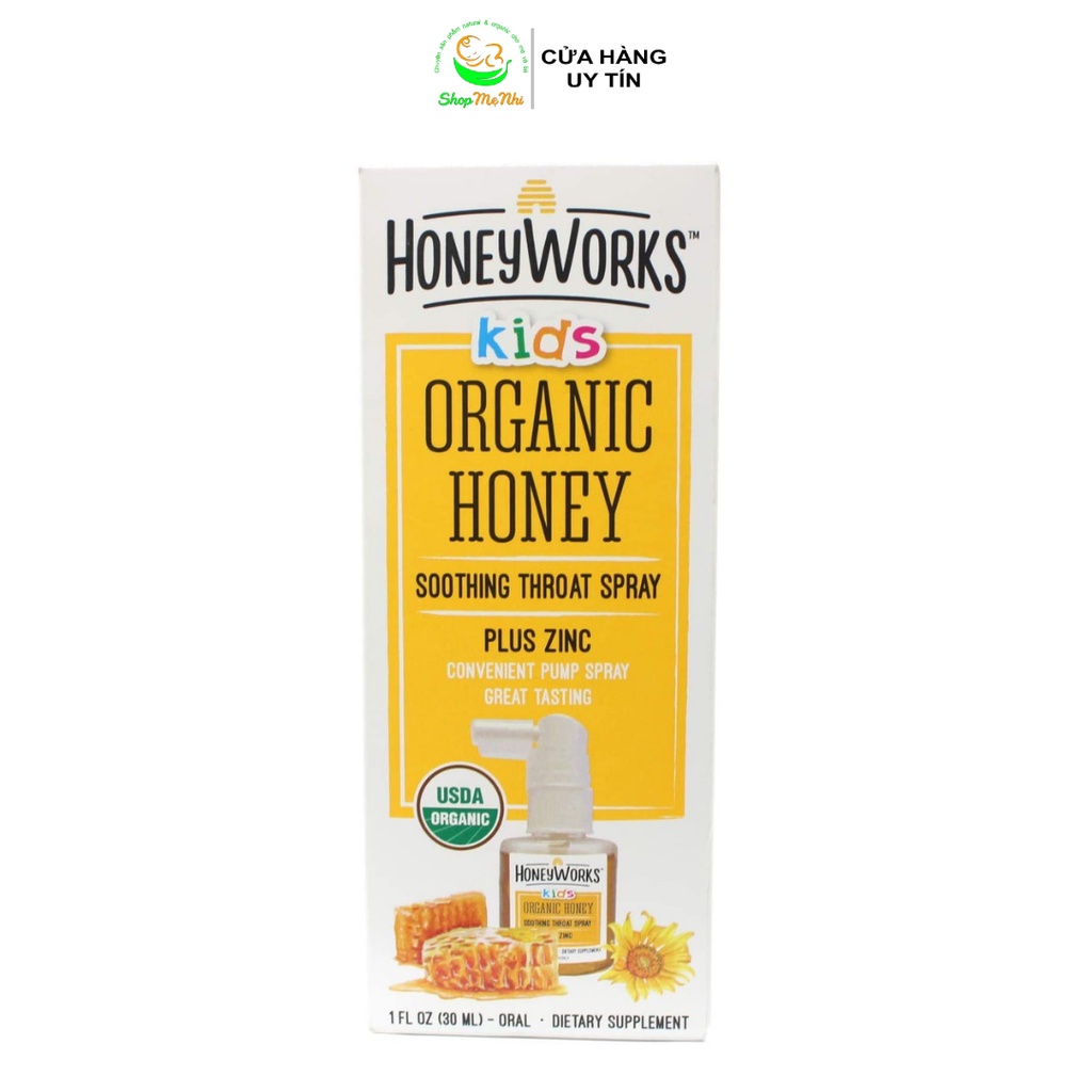 Xịt họng keo ong hữu cơ giảm ho, đau họng cho bé Honey Works Kids Spray 30ml, hàng mỹ.