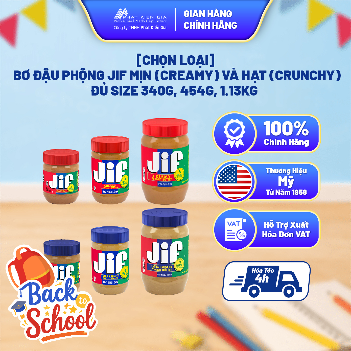[CHỌN LOẠI] Bơ Đậu Phộng Jif Mịn (Creamy) và Hạt (Crunchy) đủ size 340g, 454g, 1.13kg - Nhập Khẩu Mỹ