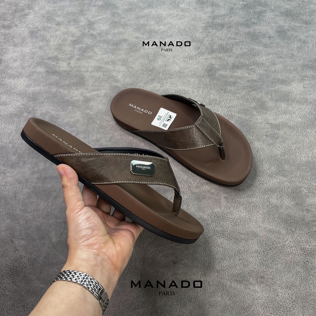 Dép quai kẹp manado-chất liệu da bò, đế cao su mềm-mã mnd9 màu nâu fullbox, dép chuẩn size việt, hỗ trợ đổi size