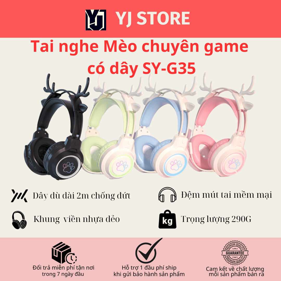 Tai nghe chụp tai chuyên game SYG35 thiết kế tai mèo dễ thương trang bị đèn led RGB cực đẹp dành cho các nữ game thủYJ