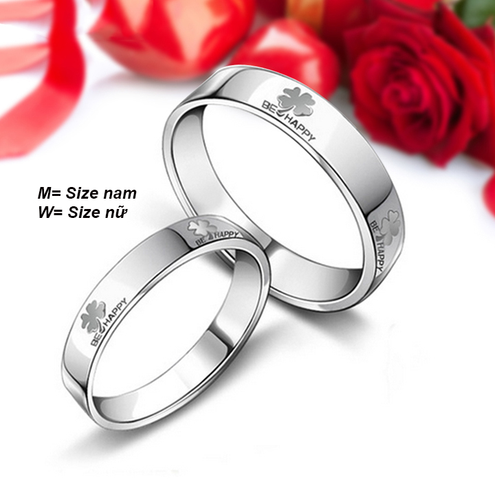 Nhẫn cặp Inox cỏ 4 lá Be Happy may mắn KG ĐEN KG RỈ SÉT NH040 (TRẮNG) (Size 4 - Size 11)