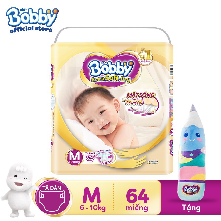 1 bịch bỉm/tã dán bobby vàng l58 extra soft - dry siêu mềm siêu thấm hàng cao cấp cho bé từ 4kg đến 7kg