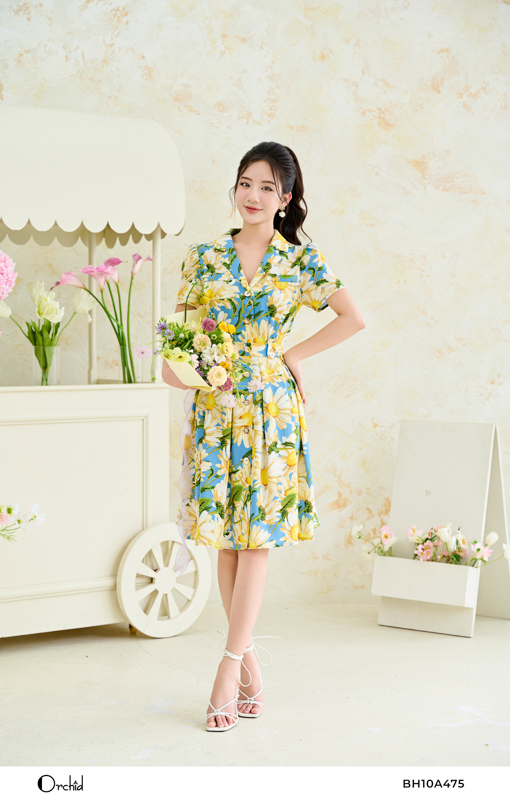 Chỉ 12-14/12 sale 70% đầm công sở cổ vest dáng xòe họa tiết hoa xanh orchid - bh10a475