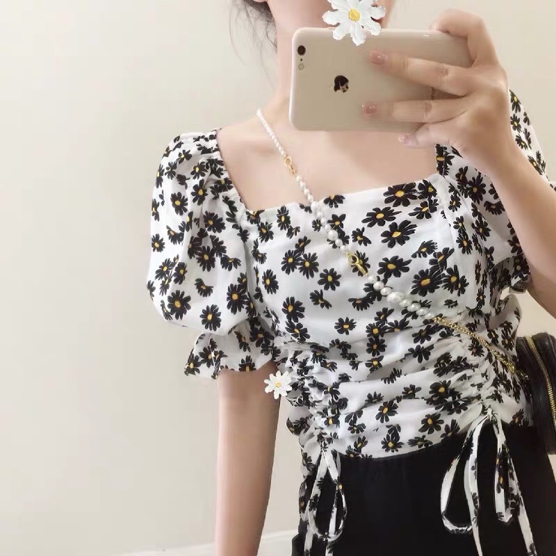 Áo croptop voan kiểu hoa nhí dây rút cực xinh