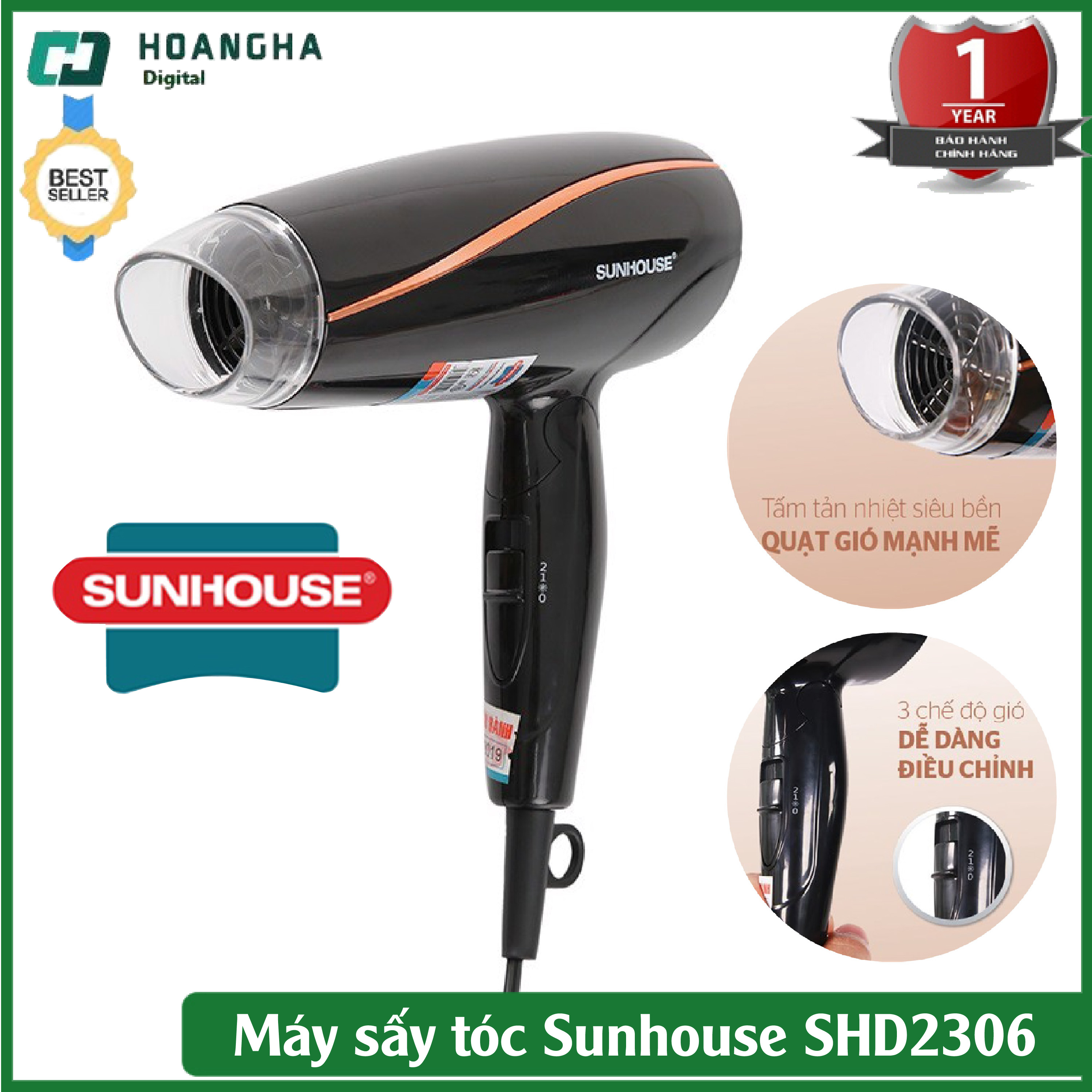 Máy sấy tóc Sunhouse SHD2306 Đen, máy sấy mini, máy sấy tóc gập gọn, máy sấy tóc 2 chiều nóng lạnh, hàng chính hãng bảo hành 12 tháng