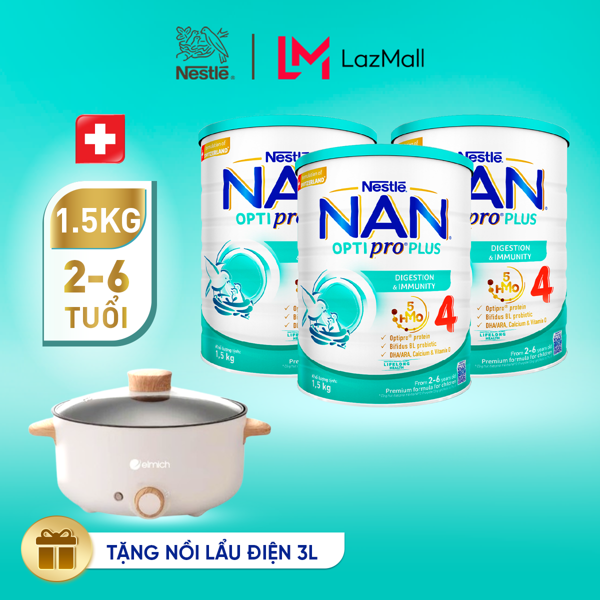 [Tặng Nồi lẩu điện 3L] Bộ 3 lon Sữa bột Nestlé NAN OPTIPRO PLUS 4  với 5HMO xuất xứ Thụy Sĩ - Hộp 1500g/lon với 5HMO Giúp tiêu hóa tốt + Tăng cường đề kháng