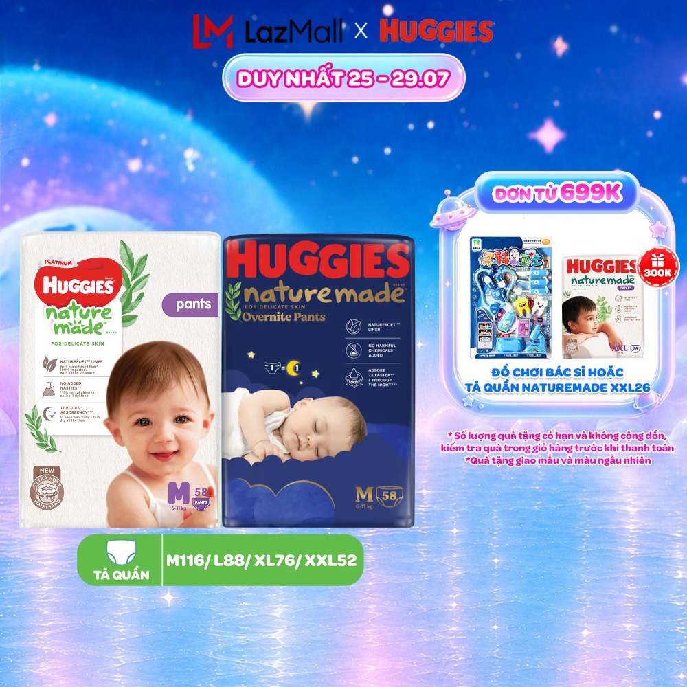 Combo Tã Quần Ngày và Đêm Huggies Naturemade Size M58/L44/XL38/XXL26 miếng