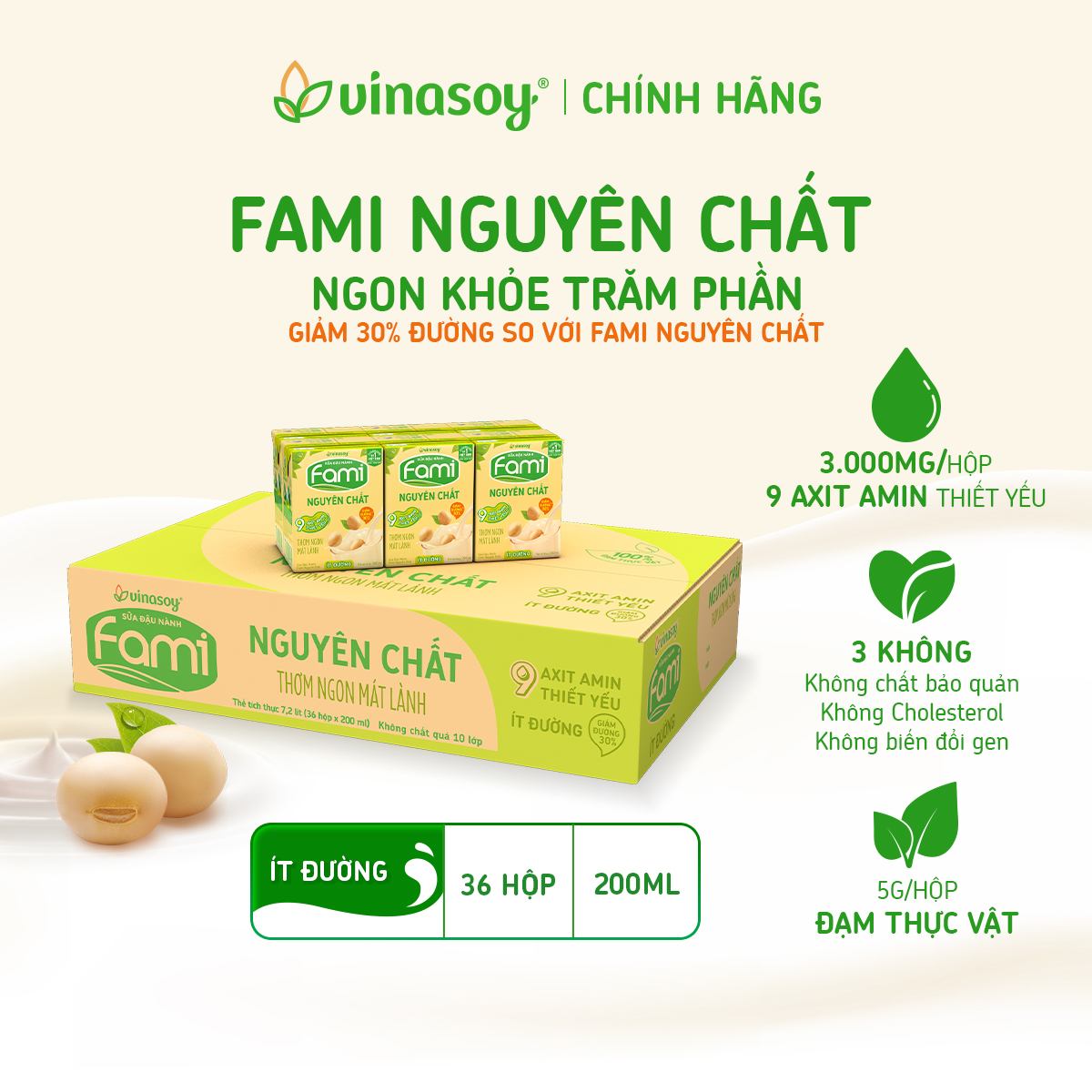 Thùng sữa đậu nành Fami Nguyên chất ít đường (36 hộp x 200ml)