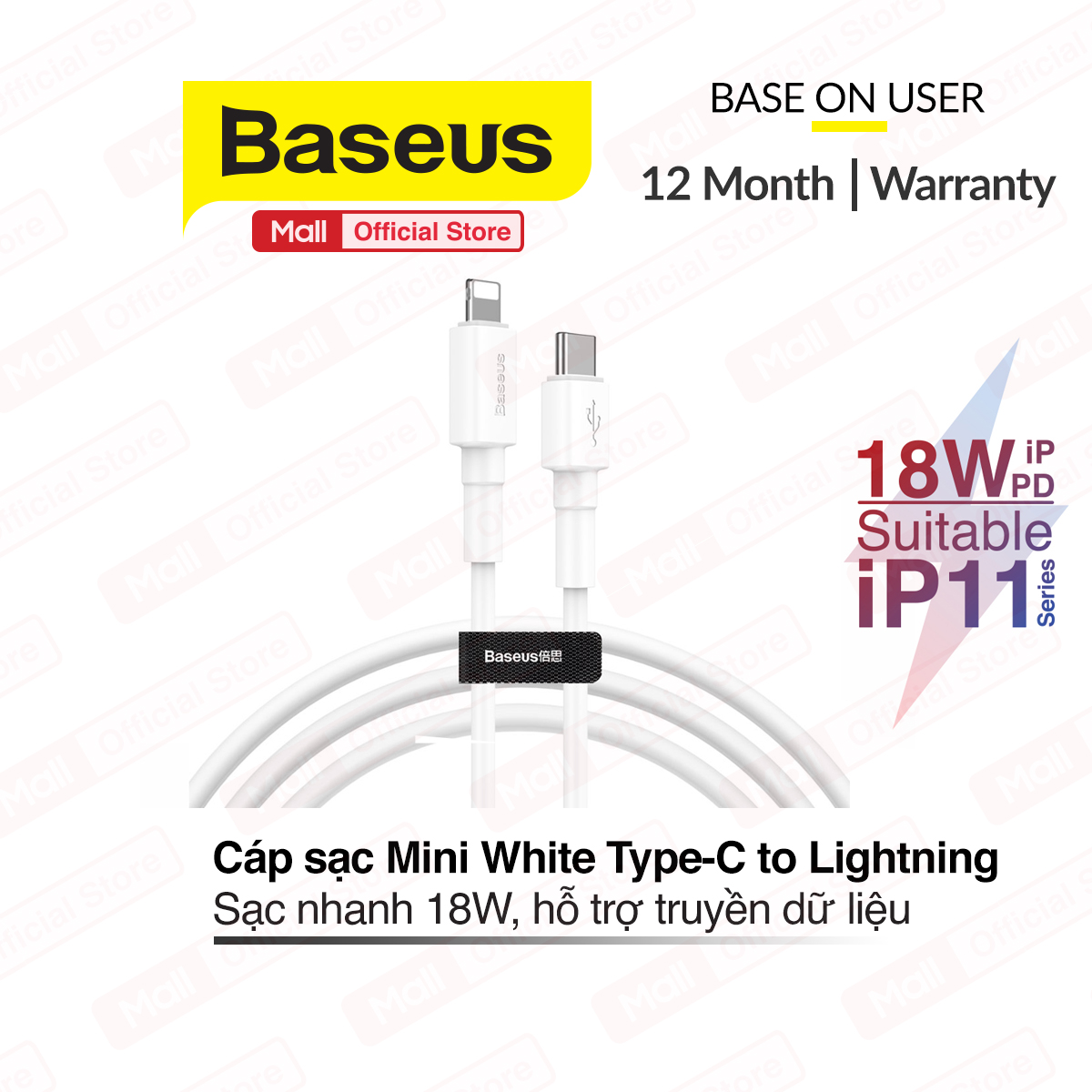 Cáp sạc nhanh và truyền dữ liêu Baseus Mini White Type-C to Lightning hỗ trợ sạc nhanh 18W tương thích với các dòng iPhone đời mới iPhone11 series dài 100cm