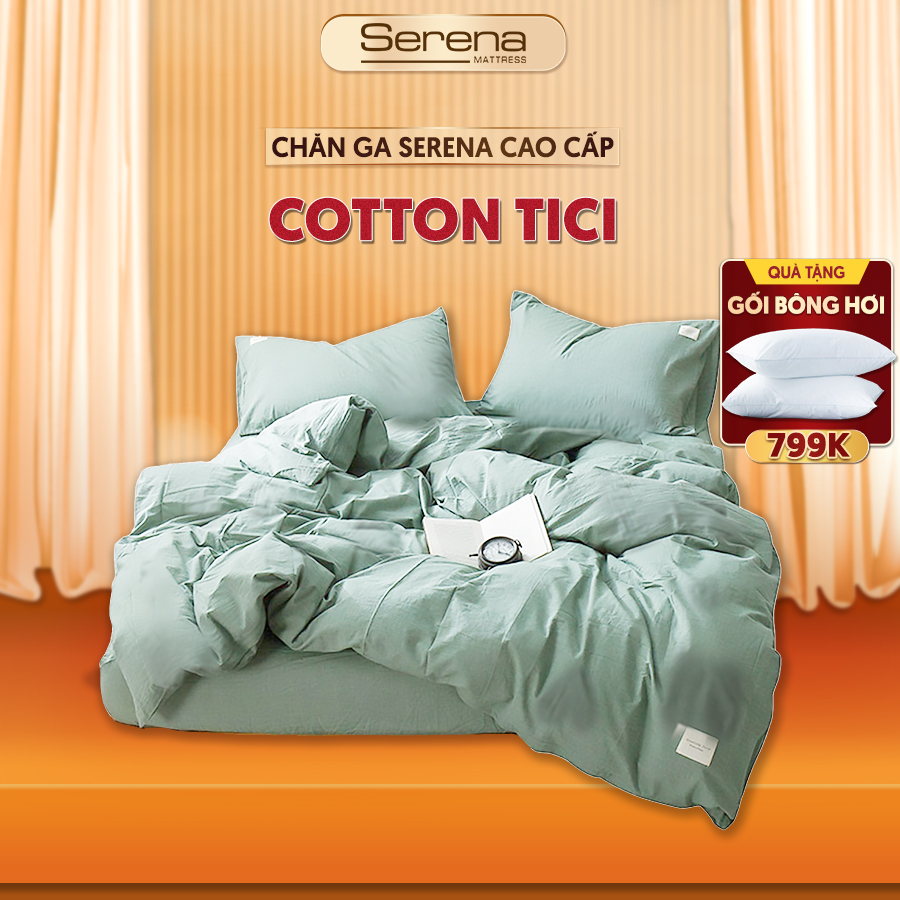 Set chăn ga gối nệm 5 món cotton tici SERENA chính hãng bộ chăn ga ra drap grap gối nệm đệm trải phủ giường mát lạnh combo 5 món cotton tici người lớn chần trần bông đẹp cao cấp - hệ thống nệm